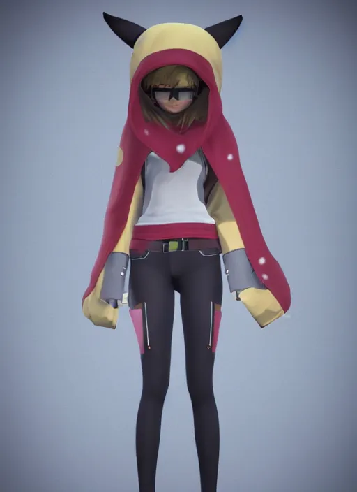 Image similar to vrchat, secondlife, imvu, 3 d model of a girl in a pikachu hoodie, hq render, detailed textures, artstationhd, booth. pm, highly detailed attributes and atmosphere, dim volumetric cinematic lighting, hd, unity unreal engine