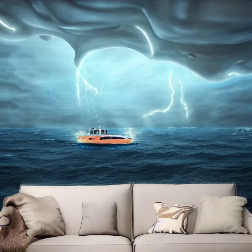 Image similar to giant octopus under sea boat during lightning storm, detailed digital art, realistic, trending on artstation