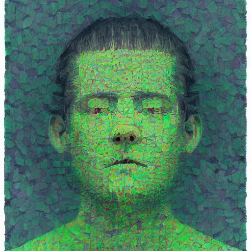 Prompt: a portrait of calm and meditative handsome robot, with moss and small plants growing from his circuitry, chuck close portrait, in the style of ren hang, chuck close, nick brandt,