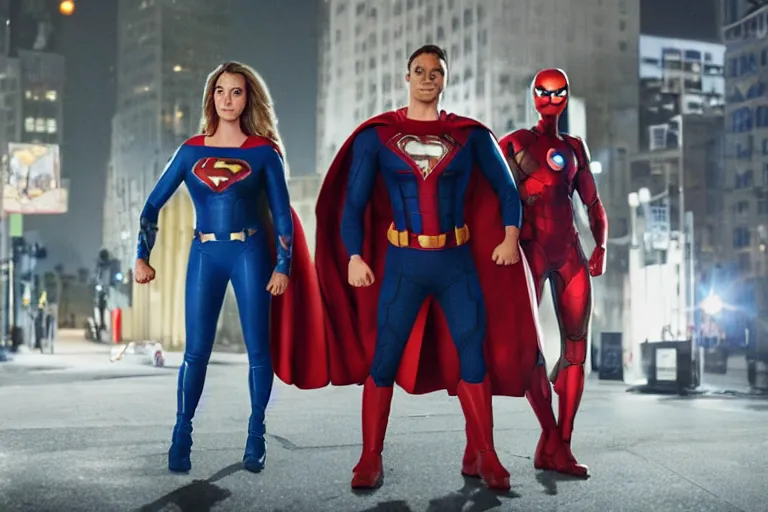 Image similar to movie superhero team closeup, DC vs Marvel fashion, VFX magic powers at night in the city, city street, beautiful skin, natural lighting by Emmanuel Lubezki