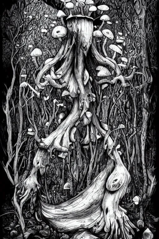 Image similar to black and white illustration, creative design, body horror, rotting forest mushroom monster