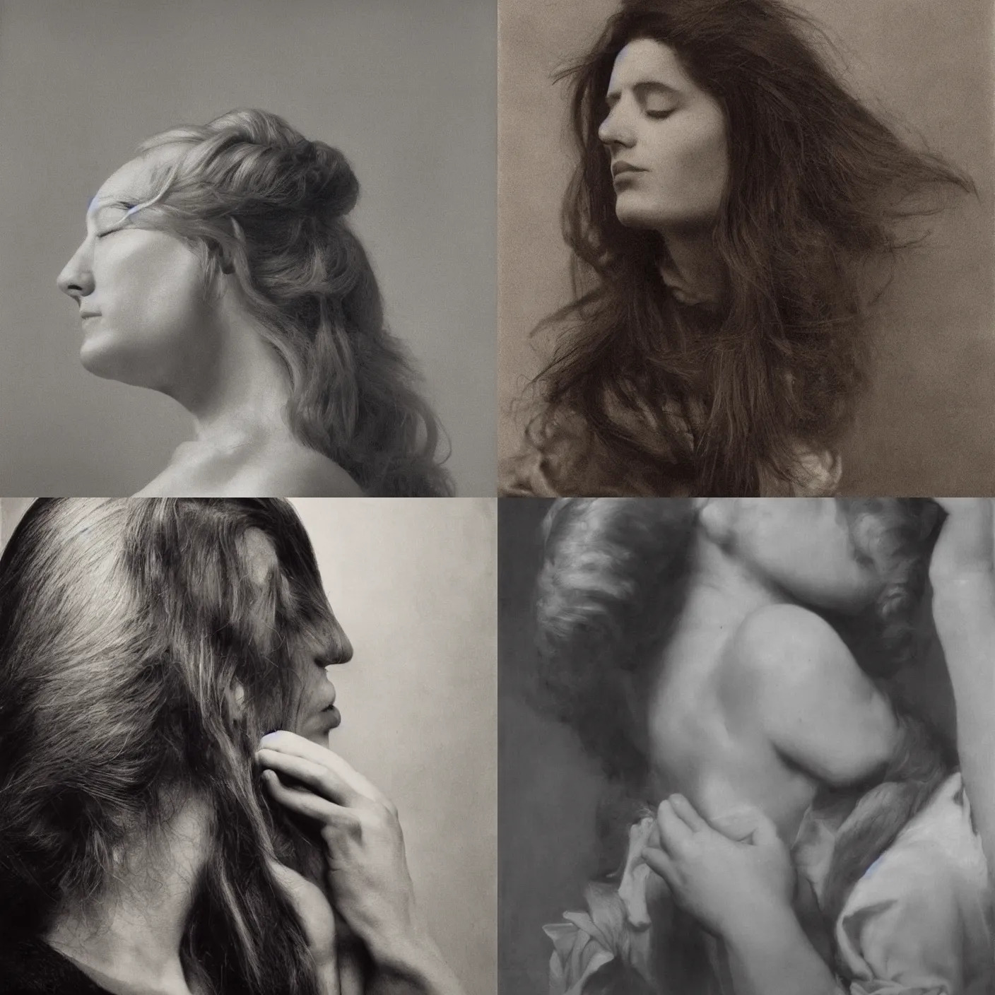 Prompt: A woman's profile with long hair and closed eyes by Abraham Bloemaert and Arnold Newman. masterpiece. hq. ultra detailed. realistic. moody. cinematic.