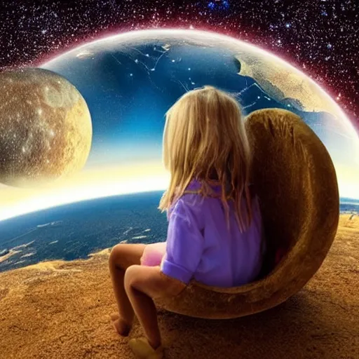 Image similar to There is a flat planet earth. On the edge of this planet A little girl with blonde hair sits with her legs hanging over the edge of a flat planet earth. The little girl is in profile. She looks at the stars, the galaxy, the moon, the shooting stars