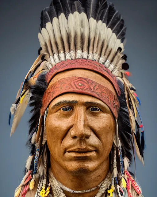 Image similar to bust of a native american man with full head dress, clay sculpture, photograph, photo realistic