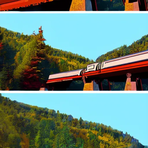 Image similar to train going over a trestle bridge in the mountains, concept art, illustrated, highly detailed, high quality, bright colors, optimistic,