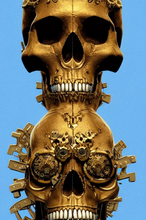 Image similar to hyperrealistic 3d render ultra detailed of a skull, art deco, steam punk, intricate gears details, hyperrealistic, Volumetric lighting, ultra detailed, elegant, octane render, blue and gold, 8k, trending on Artstation, unreal engine