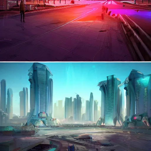 Image similar to a futuristic low-rise desert city with neon lights, beautiful dynamic lighting, cinematic, wide angle establishing shot, extremely high detail, photo realistic, cinematic lighting, post processed, concept art, artstation, matte painting, style by eddie mendoza, raphael lacoste, alex ross, volumetric lighting, light rays, photorealistic, ultrarealistic, moody, coronarender, 8k