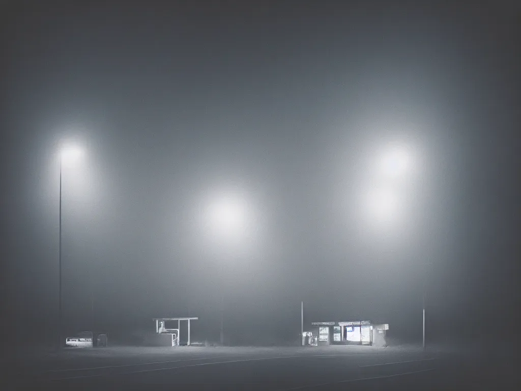 Prompt: “35mm film photography of gas station, forest, fog, night, mood, cinestill 800t, grain”