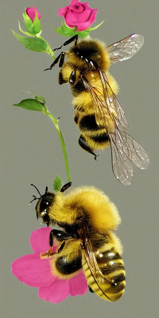 Image similar to one big fat bee about to explode is really fat and big and with a big tummy sleeping inside a rose flower catalogue diagram scientific photography