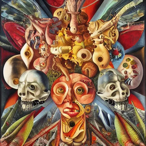 Prompt: an oil painting by arcimboldo, by georgia o keeffe, by botticelli, by giger, by frank frazetta seen through a kaleidoscope, kaleidoscope, broken, nerve system, medical