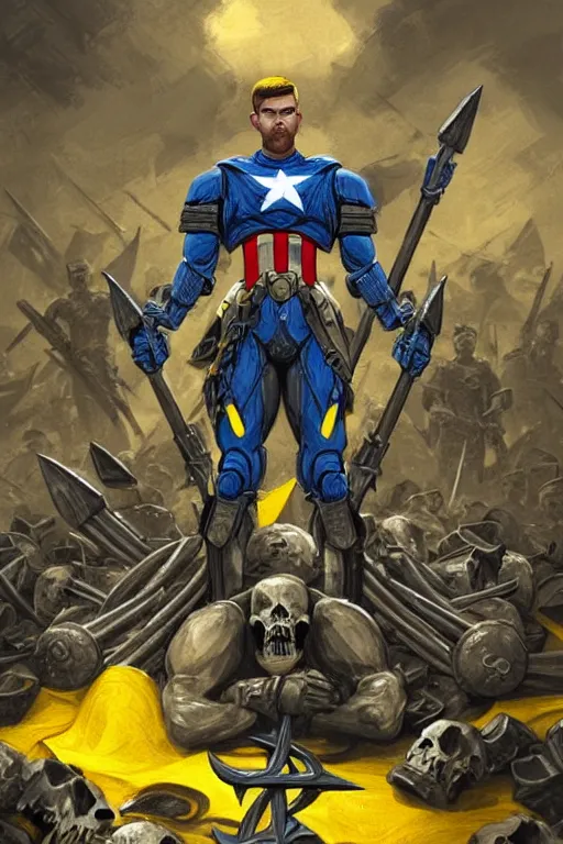 Image similar to a distant shot of a super soldier with blue and yellow flag and a trident symbol standing alone on a huge pile of skulls as a winner, masculine figure, D&D, fantasy, intricate, elegant, highly detailed, extremely detailed, digital painting, artstation, concept art, matte, smooth, sharp focus, illustration, art by Artgerm and Greg Rutkowski and Alphonse Mucha