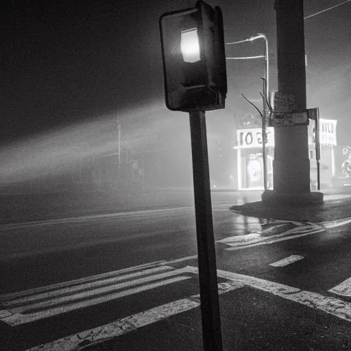 Image similar to A stunningly beautiful award-winning 8K high angle close up cinematic movie photograph of a red stop light in a spooky foggy empty lightless moonlit main intersection in an abandoned 1950s small town at night, by David Fincher and Darius Khonji. perfect composition, shot from roofline, moody low key backlit. Color palette from Seven, greens yellows and reds. 2 point perspective, high angle from 15 feet off the ground. Octane render