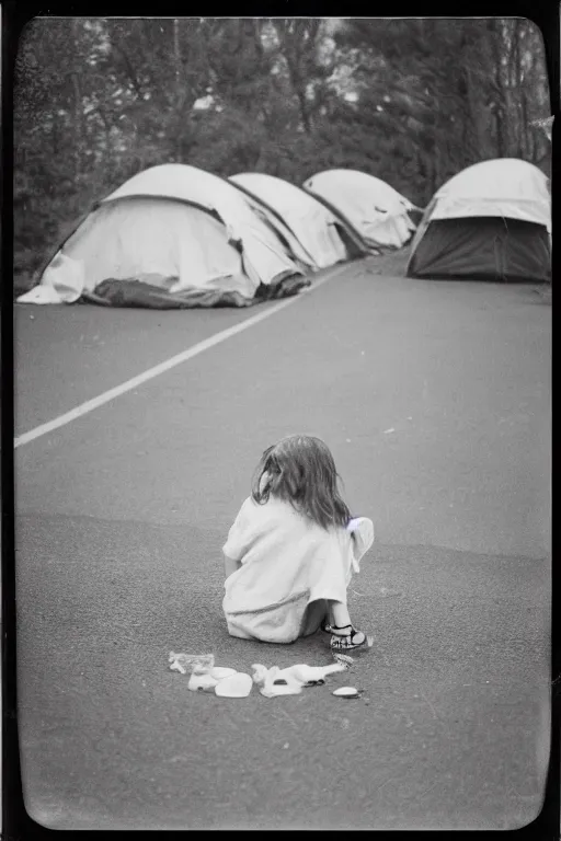 Image similar to photo polaroid of a sad and lonely child in the middle of a small street where there are tents of field hospitals all around, pandemic, loneliness, black and white ,photorealistic, 35mm film,