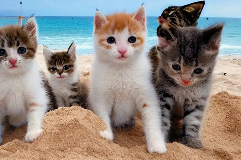 Image similar to kittens at the beach surrounding a sand castle and all of the kittens are looking directly at the sand castle