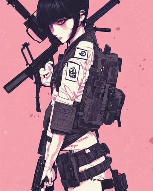 Image similar to girl with tactical gear, manga!! detailed manga illustration!! intricate details, aesthetically pleasing pastel colors, poster background, aesthetic details, art by conrad roset and ilya kuvshinov