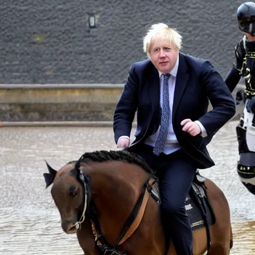 Prompt: Boris Johnson wearing a scuba suit and riding a eunuch in to battle