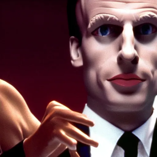 Prompt: Emmanuel Macron robot in American Psycho (1999)