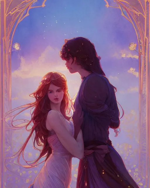 Image similar to secret romance, highly detailed,, gold filigree, romantic storybook fantasy, soft cinematic lighting, award, disney concept art watercolor illustration by mandy jurgens and alphonse mucha and alena aenami, pastel color palette, featured on artstation