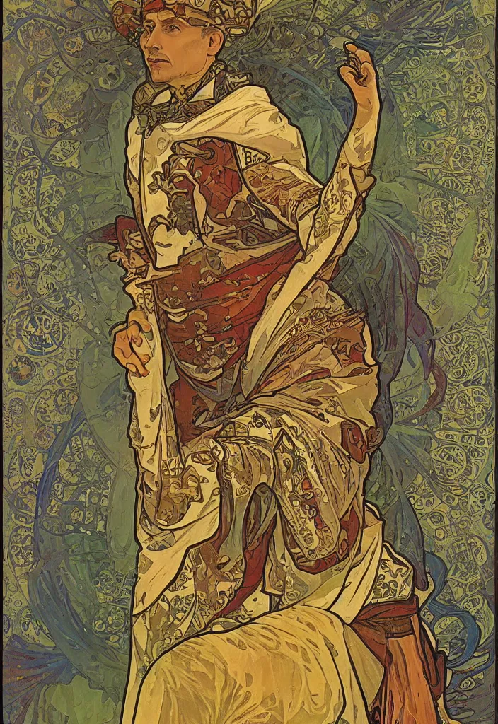 Image similar to Jurgen Schmidhuber on a tarot card, tarot in art style by Alphonse Mucha