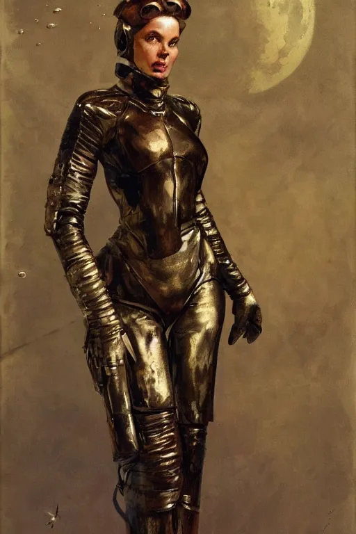 Prompt: pulp scifi fantasy illustration full body portrait of elegant woman wearing leather and metal spacesuit, by norman rockwell, jack kirby, bergey, craig mullins, ruan jia, jeremy mann, tom lovell, 5 0 s, astounding stories, fantasy