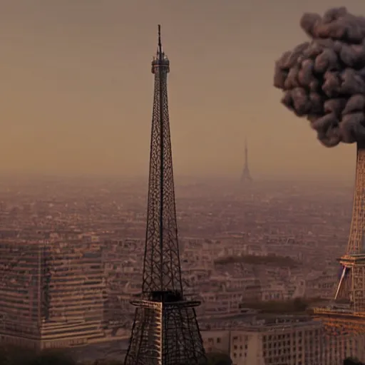 Image similar to A beautiful intricate 8K award-winning ground-level cinematic movie photograph of the future apocalyptic Eiffel Tower surrounded by corporate billboards, destroyed and decaying. in the year 2043, by Bruno Delbonnel and greg rutkowski. Arri Alexa 65, IMAX 70mm footage. Dirty billboards. Cinematic lighting