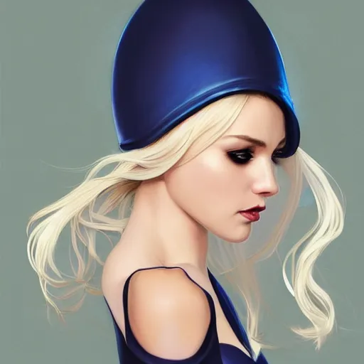 Image similar to a beautiful portrait of a beautiful cute superhero woman, blonde hair, matte navy - blue bodysuit with a white cape and white shoulders, intricate, elegant, 8 k, hdr, vivid colors, highly detailed, digital painting, concept art, smooth, sharp focus, illustration, disney, by artgerm and loish and wlop and alphonse mucha