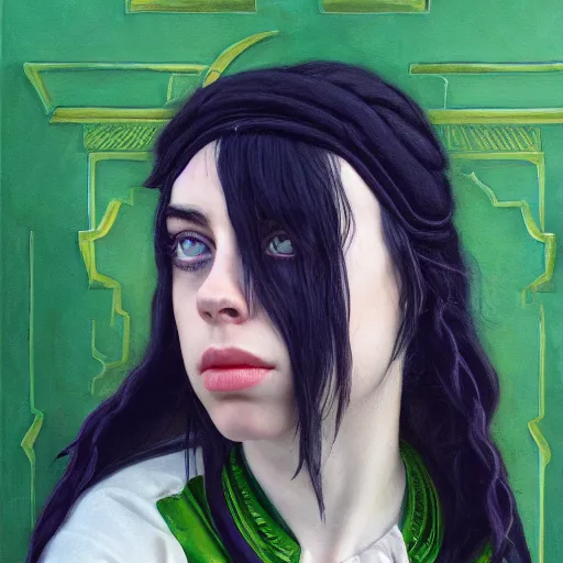 Prompt: Billie Eilish as female loki, oil on canvas, noir, trending on artstation, by Ian Sprigger and Edmund Blair Leighton and Charlie