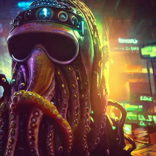 Image similar to a high quality portrait of octopus Davy Jones in a cyberpunk cyberpunk cyberpunk cafe, realism, 8k, award winning photo