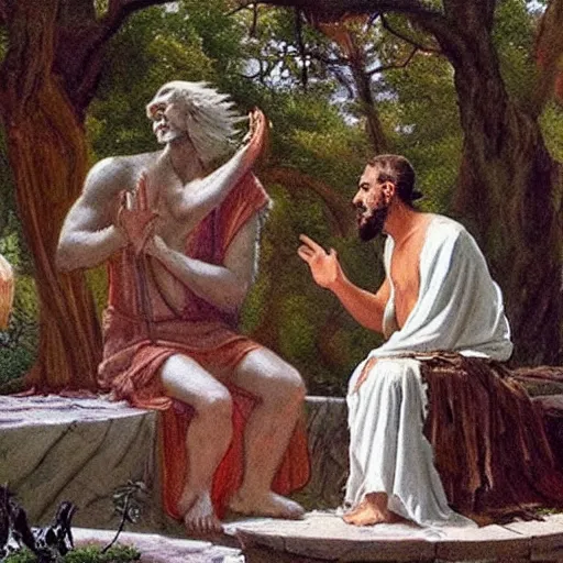 Image similar to candid photo of a druid wearing white linen robes casting a magical circle while speaking to a satyr, photo from 8 4 7 bc