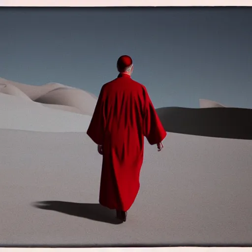 Image similar to a priest wearing red robes walking in a desert, sunny weather, gerhard richter, rendered in octane, realistic, 8 k, vivid, intricate, detailed