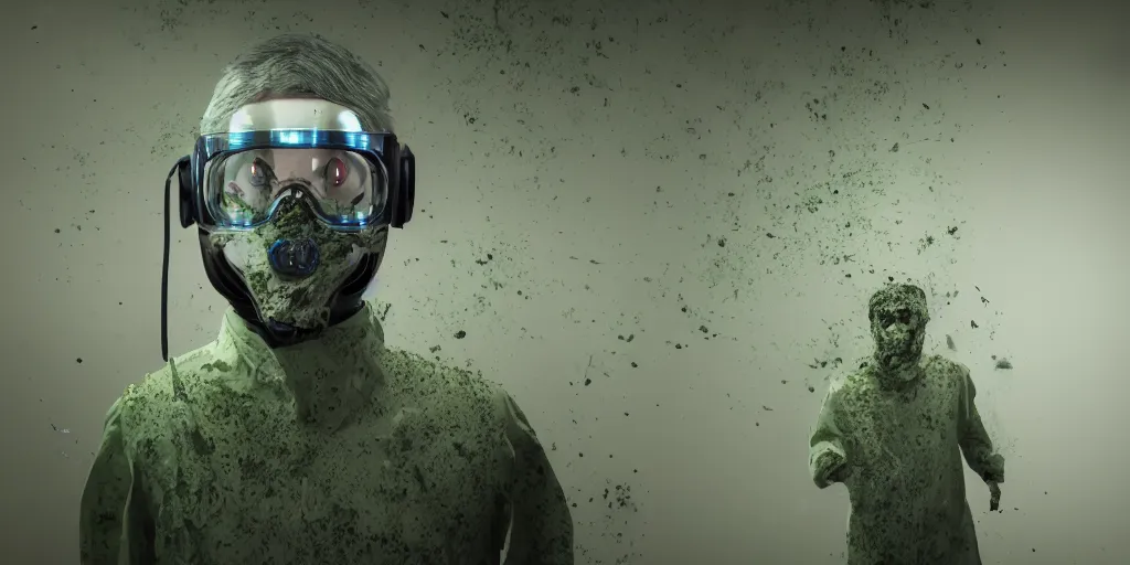 Prompt: a photo of a man wearing a futuristic mask and a lab coat, lab covered in mold and moss, photorealistic, octane render, volumetric lighting,