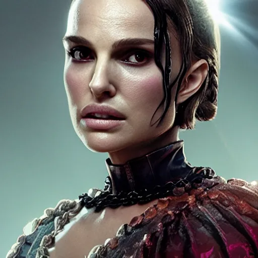 Image similar to natalie portman as plague dr 1 4 7 3, splash art, movie still, cinematic lighting, ray tracing, detailed face, octane render, long lens, shallow depth of field, bokeh, anamorphic lens flare, 8 k, hyper detailed, 3 5 mm film grain