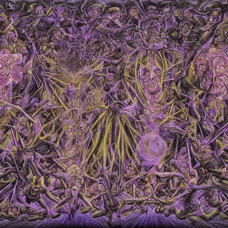 Image similar to expression of mind-matter interaction through death by Alex Grey and M. C. Escher collaboration, digital painting, Groundcore