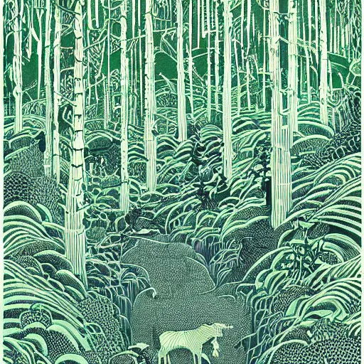 Image similar to linocut print of lush forest, amazing art, highly detailed, intricate, color, masterpiece, by victo ngai,