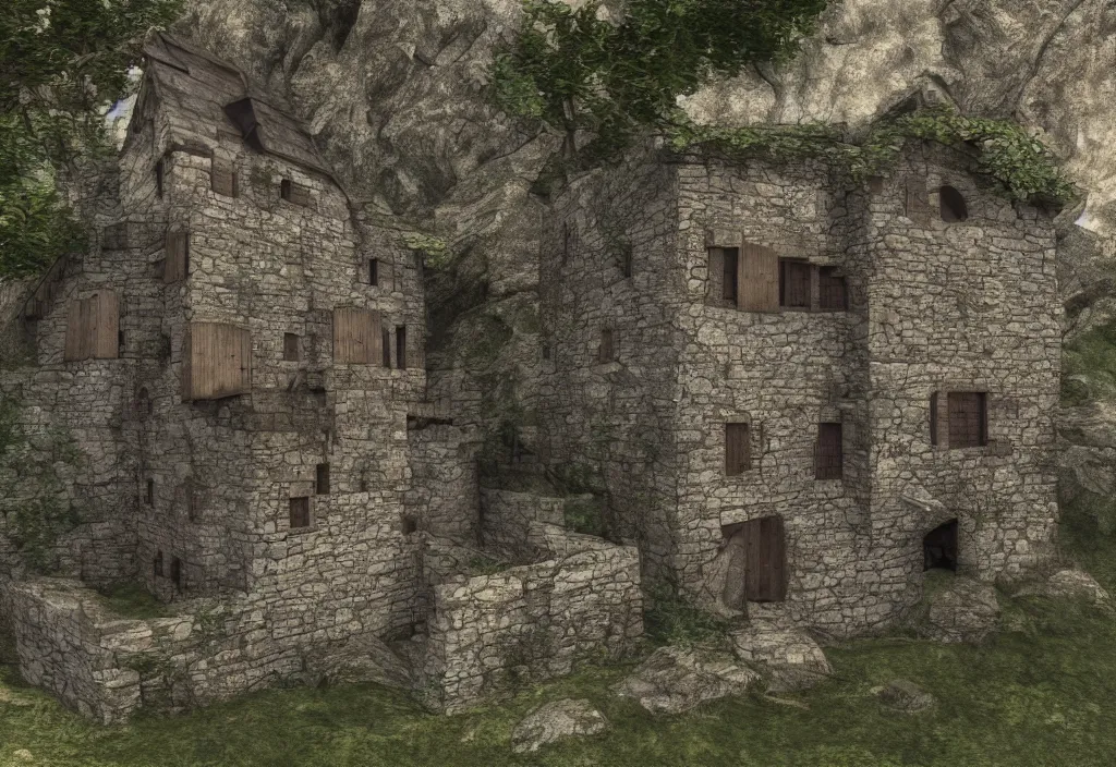 Image similar to a medieval stone house in a mountain near a river, extremely highly detailed, high quality, 8k HDR, trending on Artstation, concept art, cinematic lighting, DeviantArt, cartoon, anime style