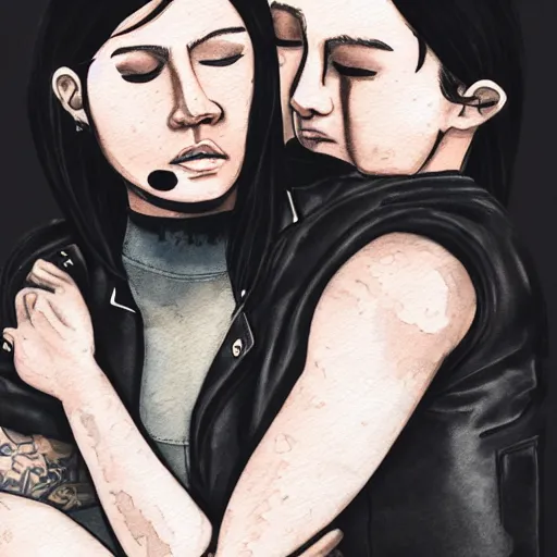 Image similar to Hot young woman, grey skin, void eyeballs, tattoos, wearing a leather jacket, hugging a shrouded person as they cry on her chest, comforting, touching, wholesome, watercolour, big sister, little brother, 4k