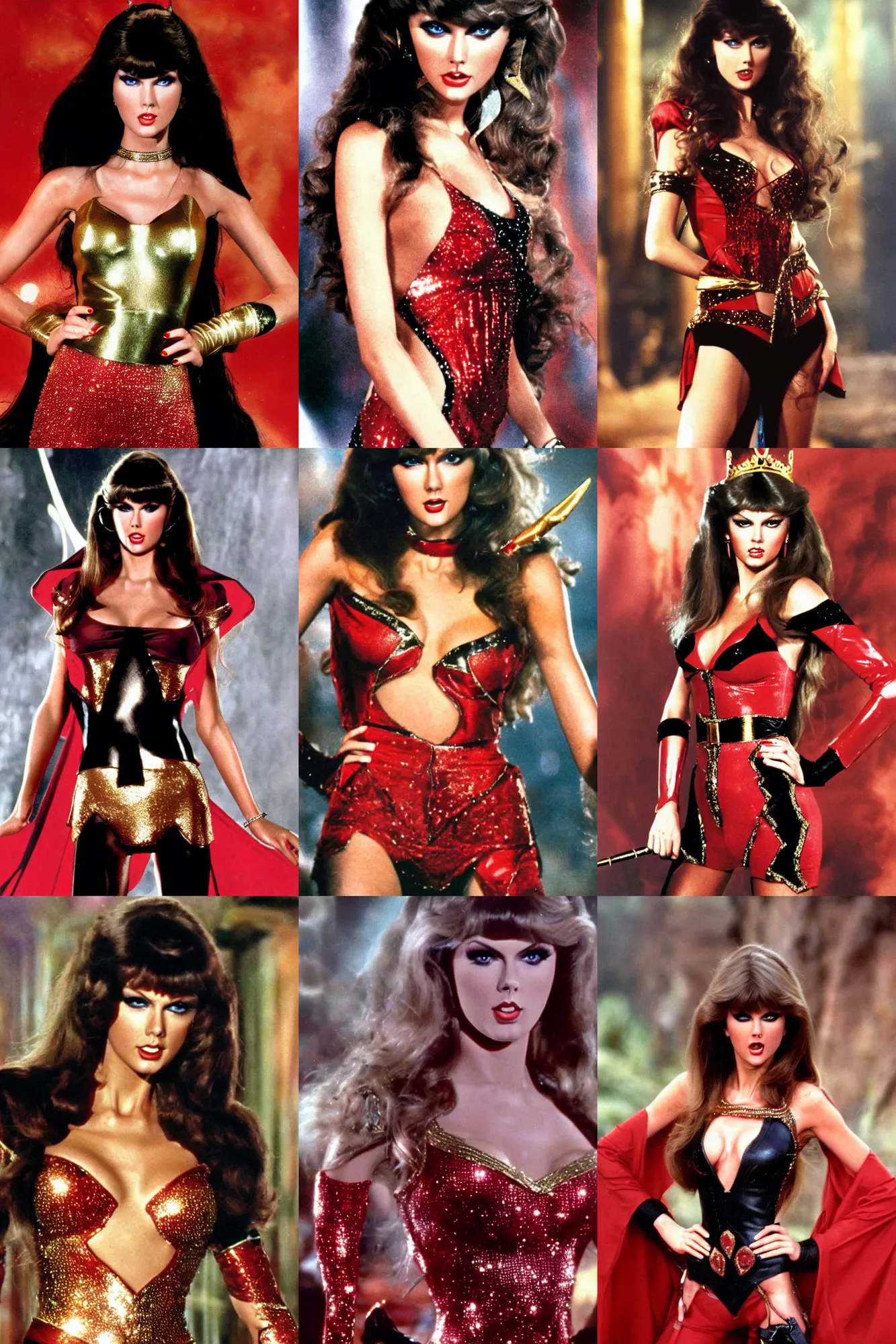 Prompt: Close up shot of Caroline Munro combined with taylor swift as Princess Aura in Flash Gordon 1980, Red Gold and Black outfit, film still