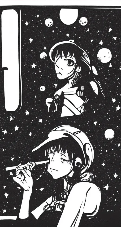 Prompt: a young cowgirl in space smoking a cigarette while looking out the window of her spaceship, sad and introspective, highly detailed, anime style