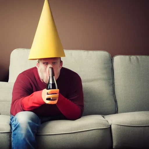 Image similar to drunk man slouched on the couch wearing a cone on his head