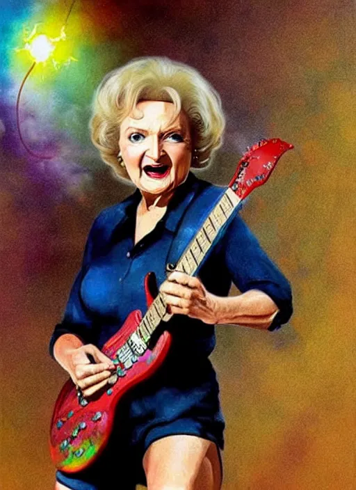 Image similar to Betty White shredding on an electric guitar, painting by Frank Frazetta, 3D rendering by Beeple, crusty