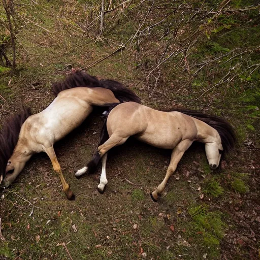 Image similar to two dead horses with many feather arrows on their body, lying on the woods path, dense thickets on each side, photo, 8 k