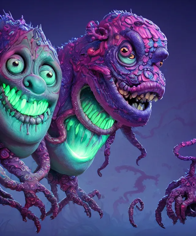 Image similar to a two headed xanathar made of bioluminescence in the art style of monsters inc, crisp 8 k line art, digital painting, artstation, unreal engine, octane render, emissive lighting, concept art, matte, sharp focus, hyper realistic lighting, illustration, deep royal blue and pink color scheme, art by carne griffiths