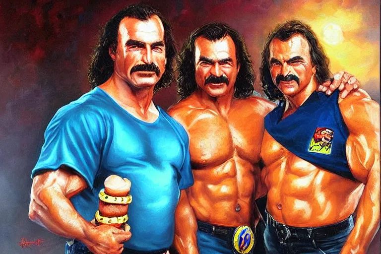 Image similar to portrait of wwf rick rude and wwf jake roberts sharing hotdogs, an oil painting by ross tran and thomas kincade