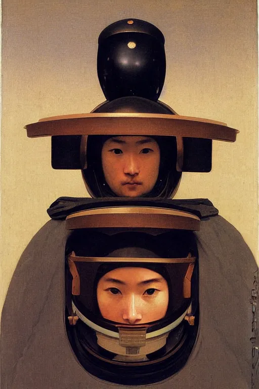 Image similar to portrait of a astronaut in samurai helmets, by bouguereau