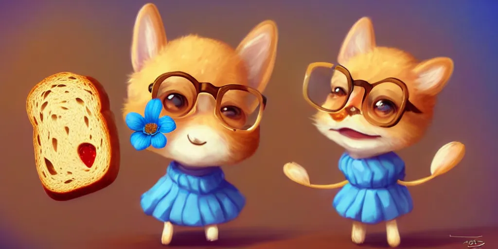 Prompt: epic professional digital art of a cute bread toast smiling wearing 👓 and a blue flower!!!!, best on artstation, cgsociety, much detail, much wow, masterpiece