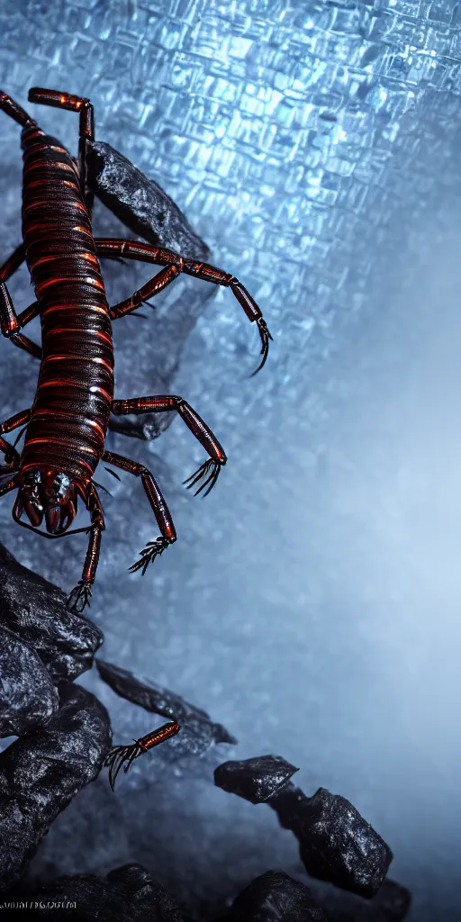 Image similar to professional photo shot of a cybernetic scolopendra made of silica crystal, rocks in the background, surrounded by of fog, grimy, gritty, trending on artstation, award winning, close shot, by aleks labuda and barry webb