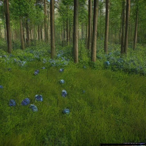 Prompt: artistic knee height render of blueberry bushes in a forest. Digital art. 4K. Unreal engine. Trending on artstation. Highly detailed.