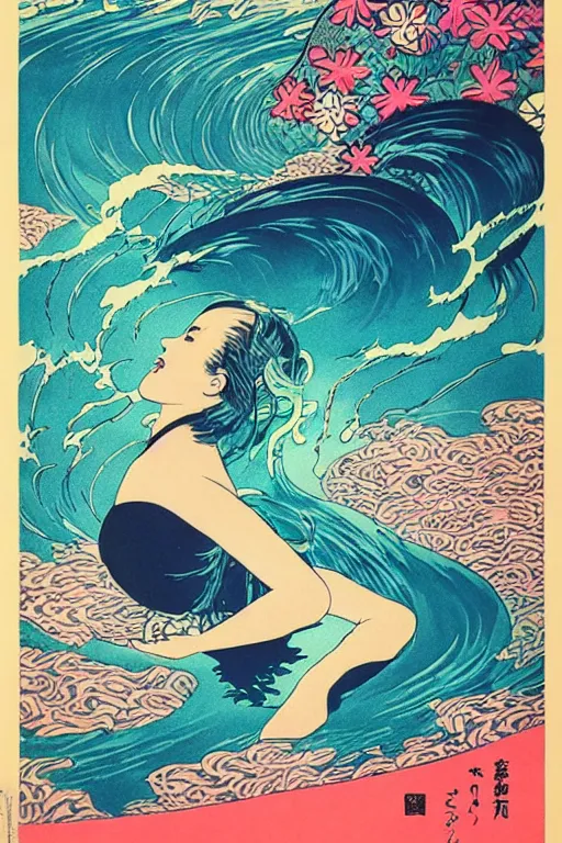 Prompt: Beautiful vintage Japanese poster woman with water as hair flowing down a river, 10% surreal, risograph poster, beautiful colors, deep meaning, Intricate image, moving