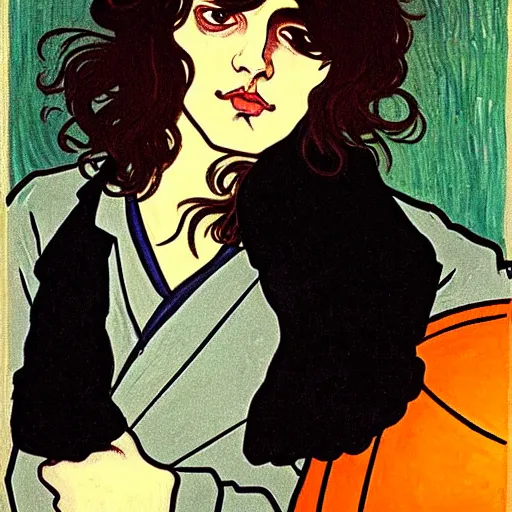 Image similar to painting of young cute handsome beautiful dark medium wavy hair man in his 2 0 s named shadow taehyung at the halloween pumpkin party, straight nose, depressed, melancholy, autumn, tokyo, elegant, clear, painting, stylized, delicate, soft facial features, delicate facial features, soft art, art by alphonse mucha, vincent van gogh, egon schiele