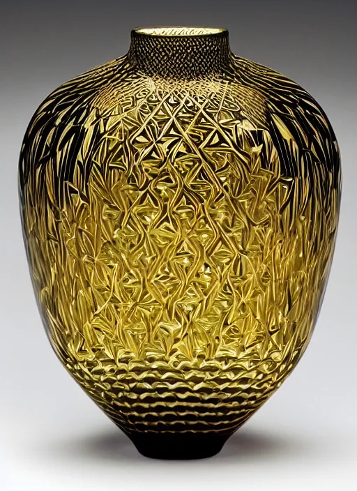 Prompt: Vase in the shape of impossible geometry by Escher, intricate gold threads, containing colorful flowers, designed by Rene Lalique
